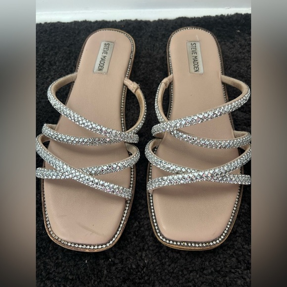 Steve Madden Starie Womens Size 9 Sandals Slip On Silver Rhinestones Shoes - Picture 1 of 8